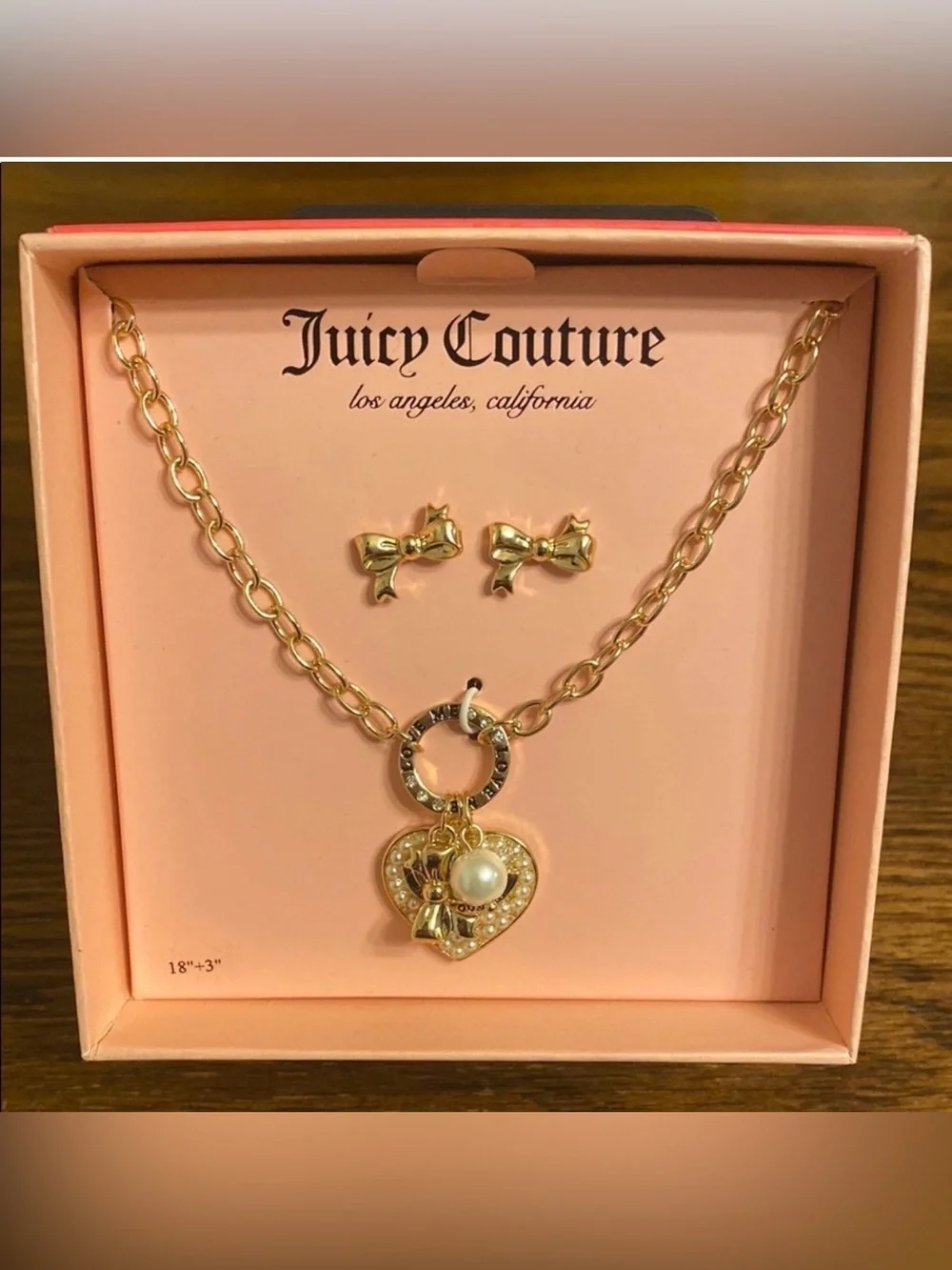 Juicy Couture NWT Love Me Necklace Earring Set Gold Bow Rhinestone Heart Pearl